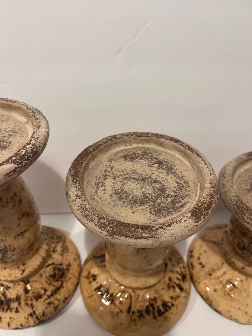 Vintage French Glazed Terracotta Pillar Candleholders Set of 3 Rare